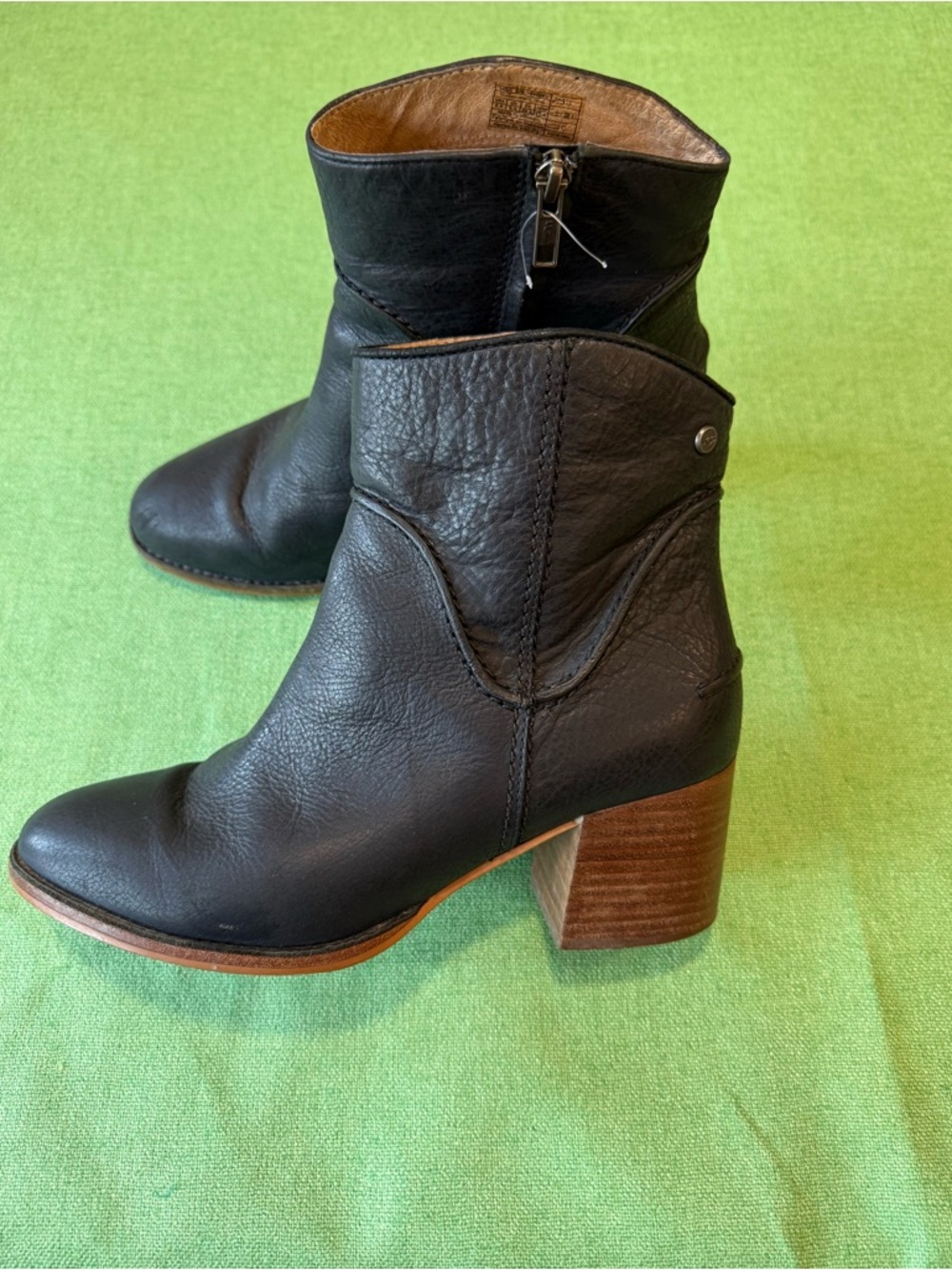 UGG Black Leather Ankle Booties with Stacked Wood Heel